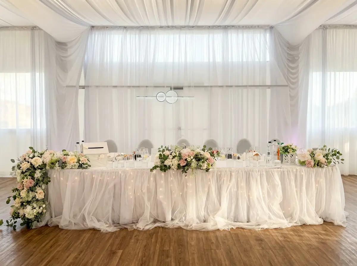 Masa principală decorată cu flori în sala de evenimente Thermalis