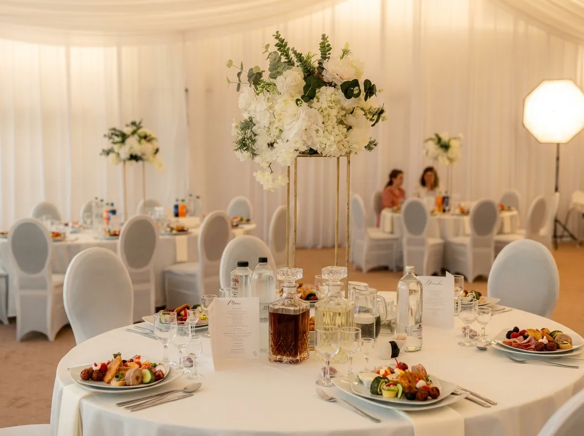 Sală de evenimente Thermalis cu mese elegante și decor floral